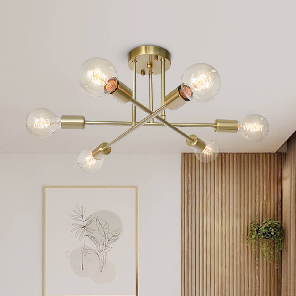 24-Inch Starburst Semi-Flush Ceiling Light with 6 Arms for Low Ceilings | Metallic Finish | Hardwired Dining Room & Kitchen Overhead Fixture | Thomler