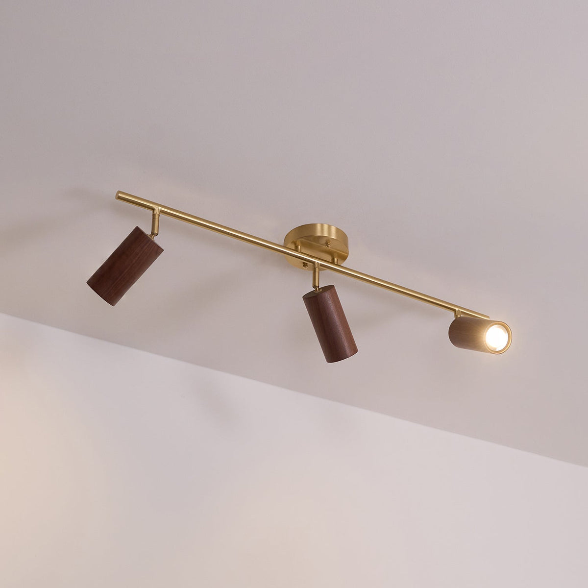 Pivoting Rail Ceiling Light Fixture with Walnut & Brass in Gold — Directional Spotlight Bar for Kitchens, Dens & Entryways — E26 Socket Spot | Thomler