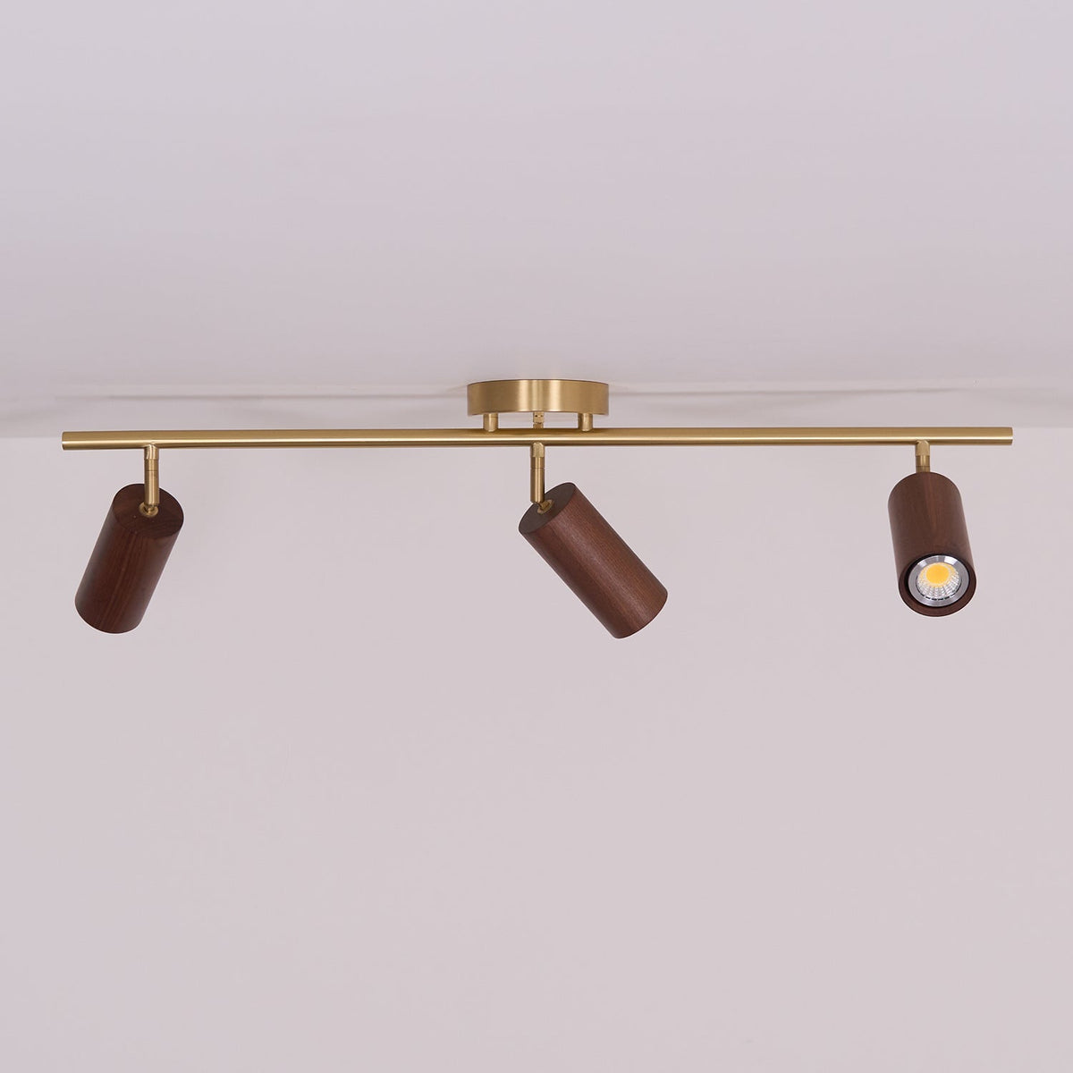 Pivoting Rail Ceiling Light Fixture with Walnut & Brass in Gold — Directional Spotlight Bar for Kitchens, Dens & Entryways — E26 Socket Spot | Thomler