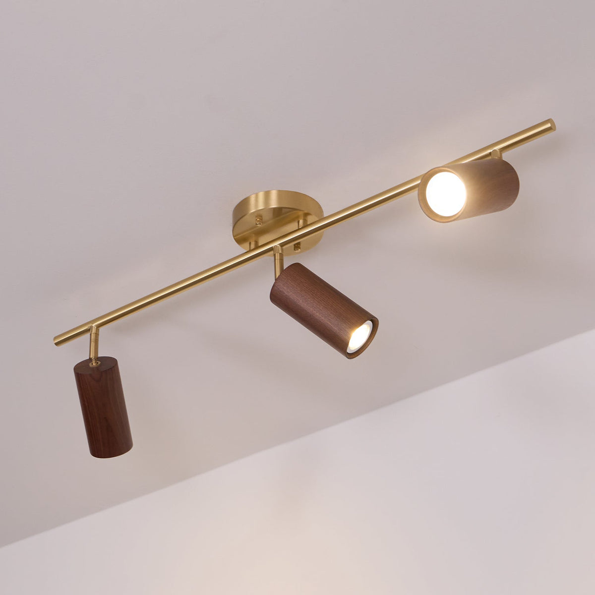Pivoting Rail Ceiling Light Fixture with Walnut & Brass in Gold — Directional Spotlight Bar for Kitchens, Dens & Entryways — E26 Socket Spot | Thomler