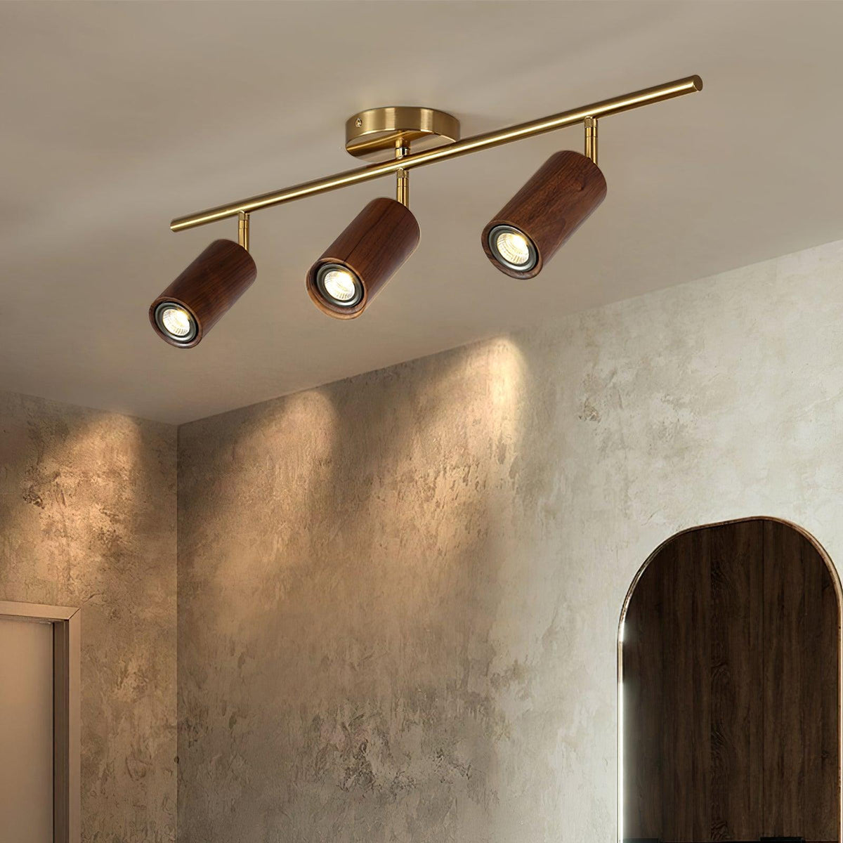 Pivoting Rail Ceiling Light Fixture with Walnut & Brass in Gold — Directional Spotlight Bar for Kitchens, Dens & Entryways — E26 Socket Spot | Thomler