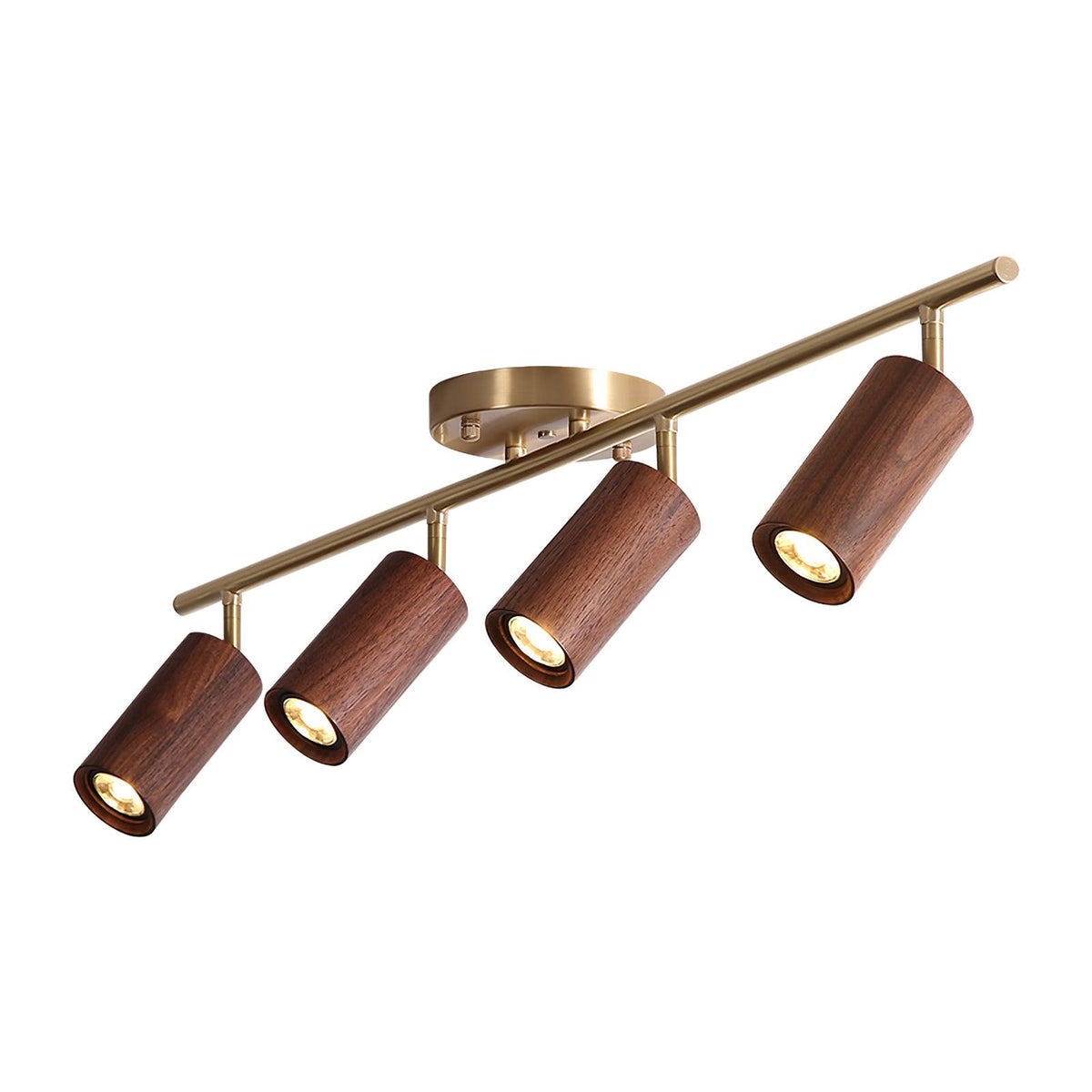 Pivoting Rail Ceiling Light Fixture with Walnut & Brass in Gold — Directional Spotlight Bar for Kitchens, Dens & Entryways — E26 Socket Spot | Thomler