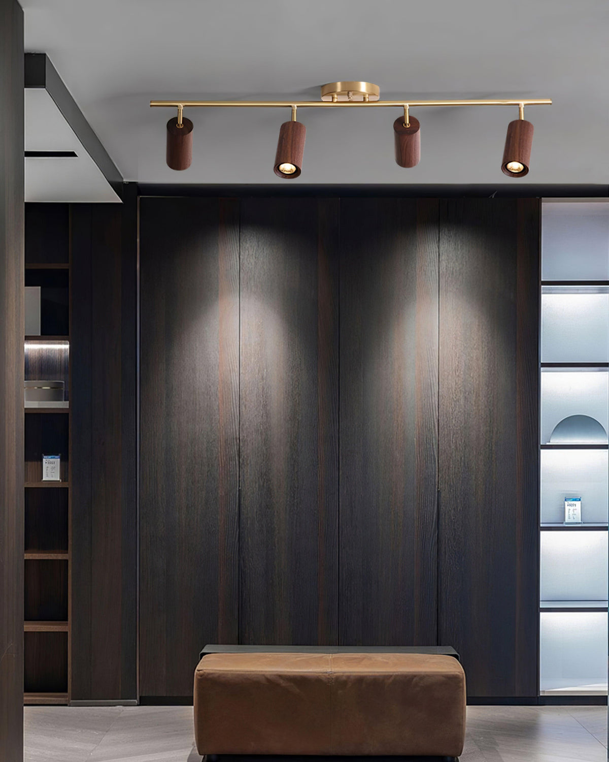 Pivoting Rail Ceiling Light Fixture with Walnut & Brass in Gold — Directional Spotlight Bar for Kitchens, Dens & Entryways — E26 Socket Spot | Thomler