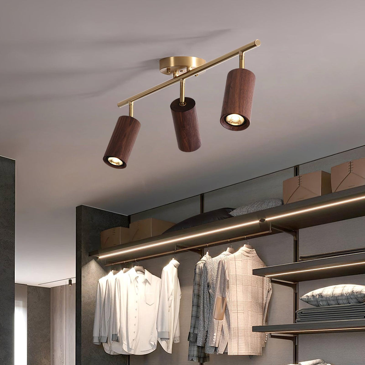 Pivoting Rail Ceiling Light Fixture with Walnut & Brass in Gold — Directional Spotlight Bar for Kitchens, Dens & Entryways — E26 Socket Spot | Thomler