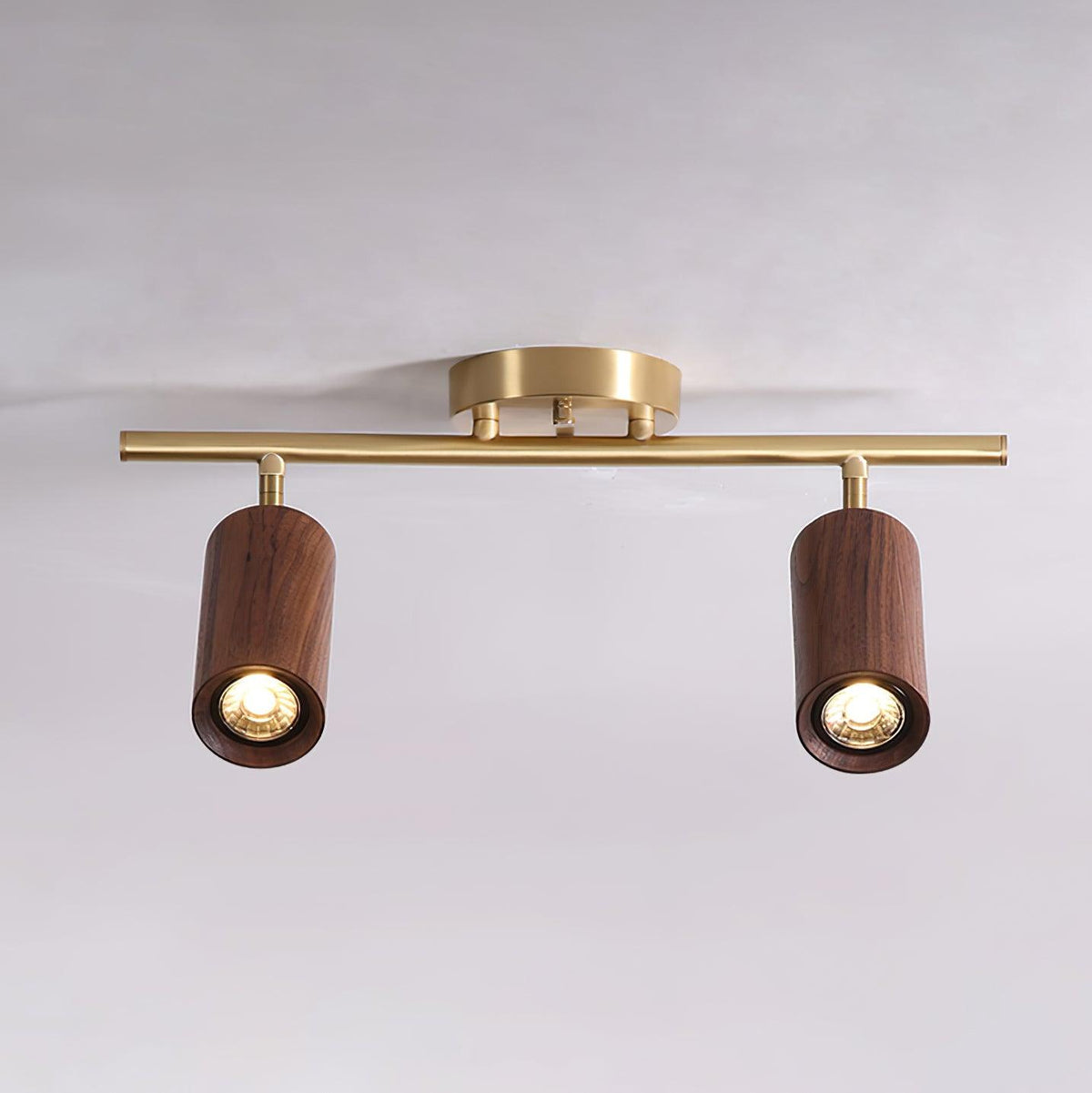 Pivoting Rail Ceiling Light Fixture with Walnut & Brass in Gold — Directional Spotlight Bar for Kitchens, Dens & Entryways — E26 Socket Spot | Thomler