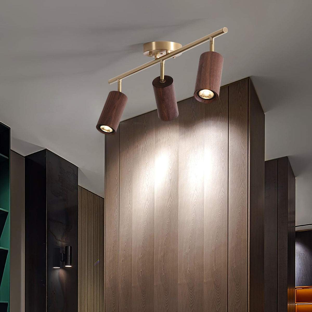 Pivoting Rail Ceiling Light Fixture with Walnut & Brass in Gold — Directional Spotlight Bar for Kitchens, Dens & Entryways — E26 Socket Spot | Thomler