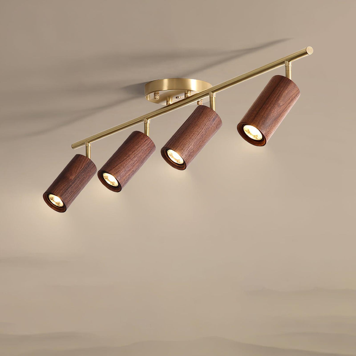 Pivoting Rail Ceiling Light Fixture with Walnut & Brass in Gold — Directional Spotlight Bar for Kitchens, Dens & Entryways — E26 Socket Spot | Thomler