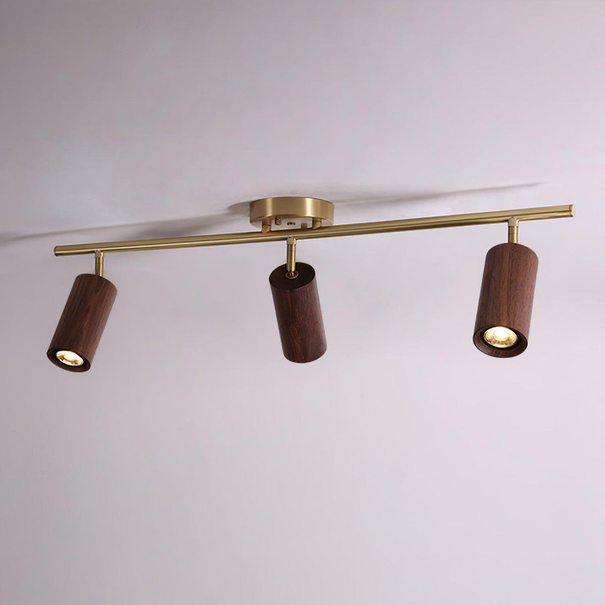 Pivoting Rail Ceiling Light Fixture with Walnut & Brass in Gold — Directional Spotlight Bar for Kitchens, Dens & Entryways — E26 Socket Spot | Thomler