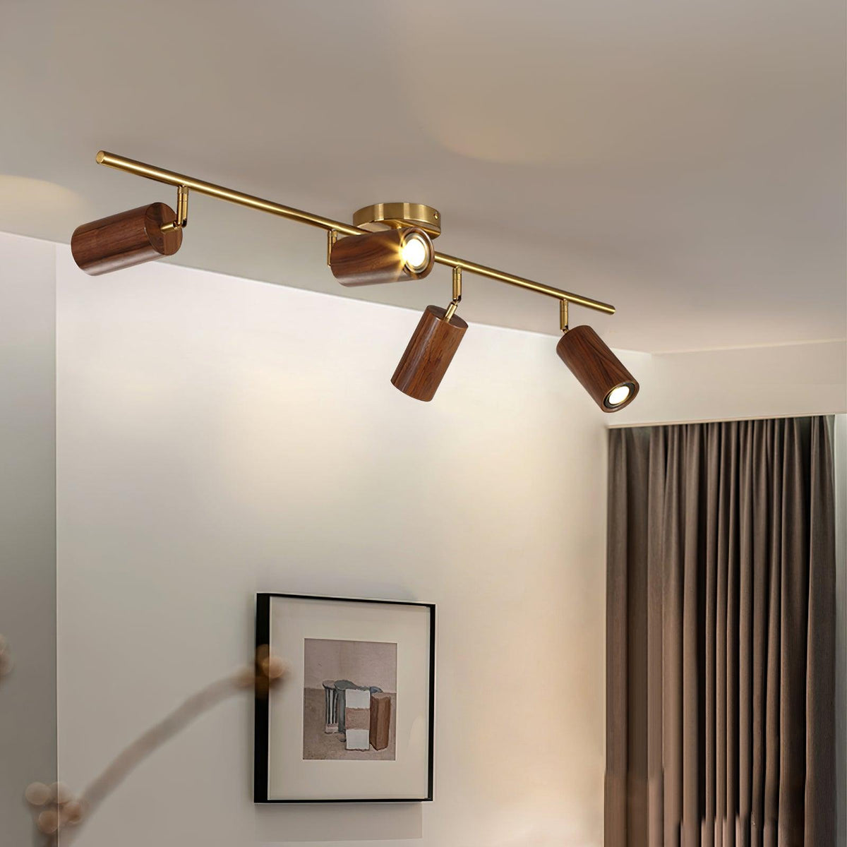 Pivoting Rail Ceiling Light Fixture with Walnut & Brass in Gold — Directional Spotlight Bar for Kitchens, Dens & Entryways — E26 Socket Spot | Thomler