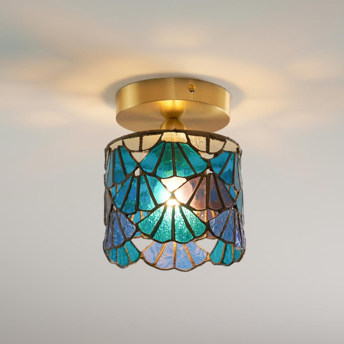 Flush Mount Glass Shade Ceiling Fixture 5 inch Brass Finish for Bathroom Bedroom Hallway Warm Ambient Lighting Vintage Style Decorative Home | Thomler