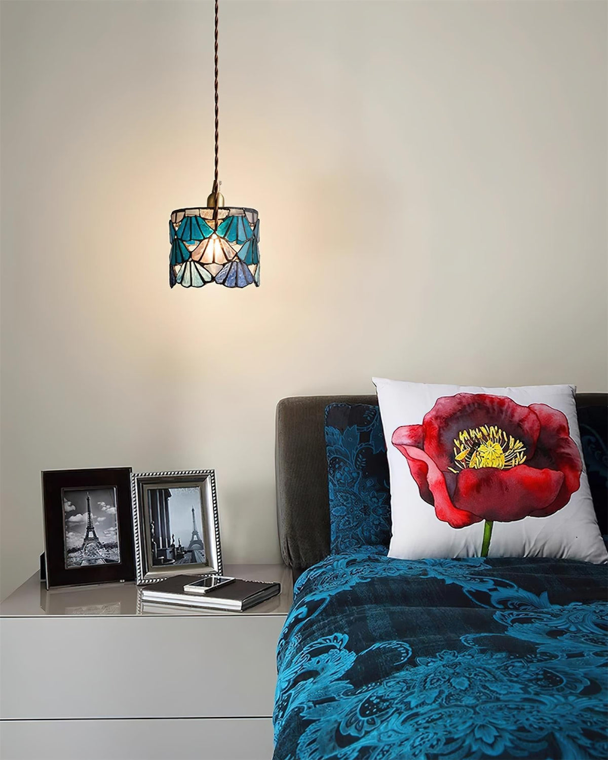 Hanging Ceiling Lamp with Tinted Glass Shade 5.3 Inches for Dining Room, Kitchen Island, Bedroom Decor, Brass Accent Fixture, Adjustable Cor | Thomler