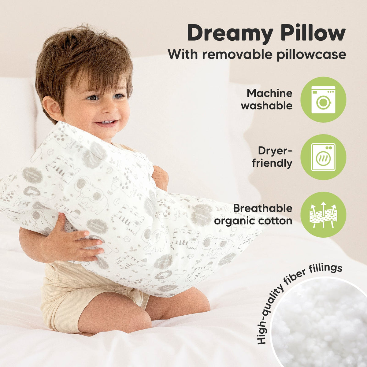 Paquete de 2 almohadas para niños pequeños (estampados de dinosaurios y safari)