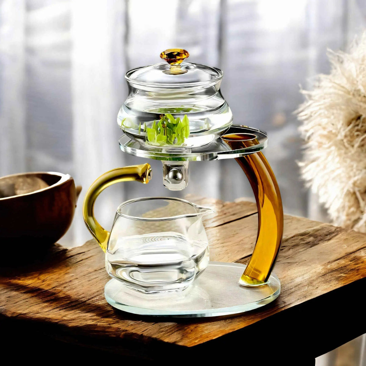 Tetera de vidrio transparente para té en hebras con filtro magnético de borosilicato resistente al calor hasta 356°F para preparar té verde, negro o herbal, color dorado | Thomler