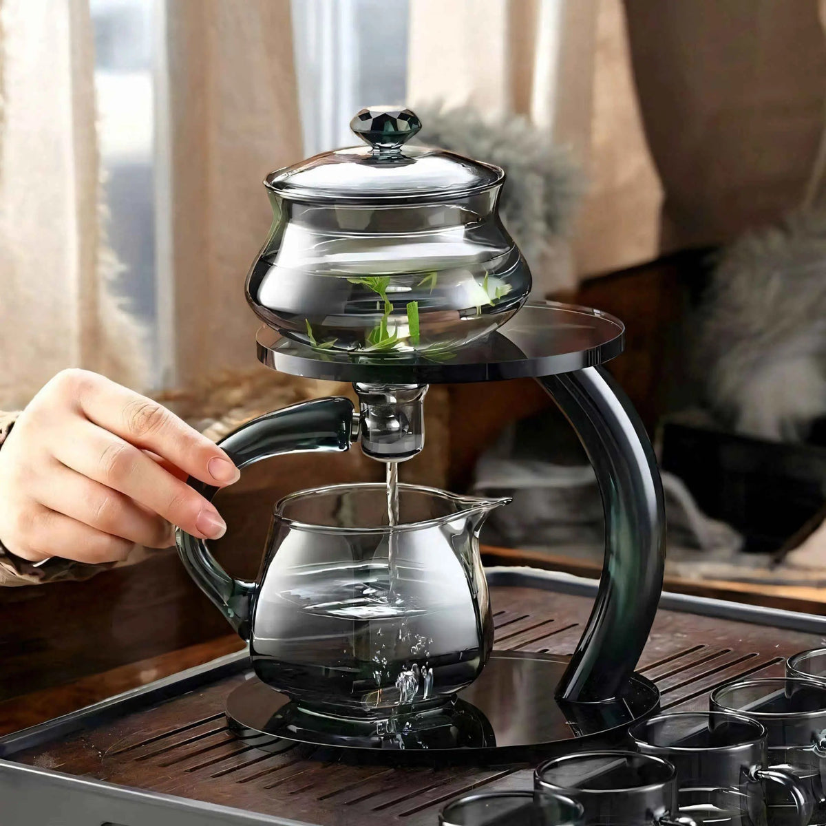 Tetera de vidrio transparente para té en hebras con filtro magnético de borosilicato resistente al calor hasta 356°F para preparar té verde, negro o herbal, color dorado | Thomler