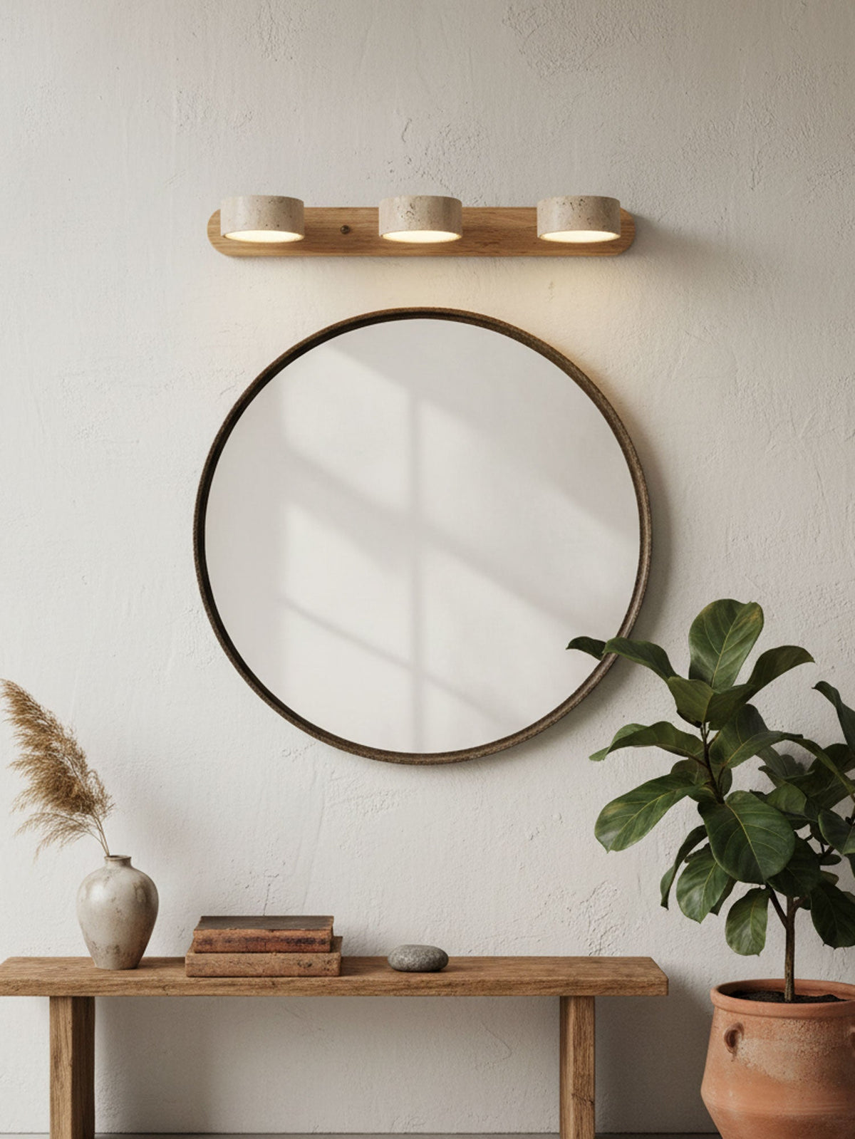 Aplique de pared de piedra natural con LED integrado, lámpara cableada de 2 luces con acento de madera para iluminación ambiental interior en dormitorios, pasillos y salas de estar