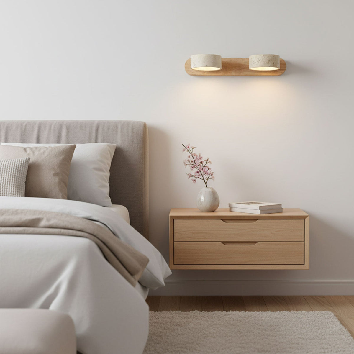 Aplique de pared de piedra natural con LED integrado, lámpara cableada de 2 luces con acento de madera para iluminación ambiental interior en dormitorios, pasillos y salas de estar