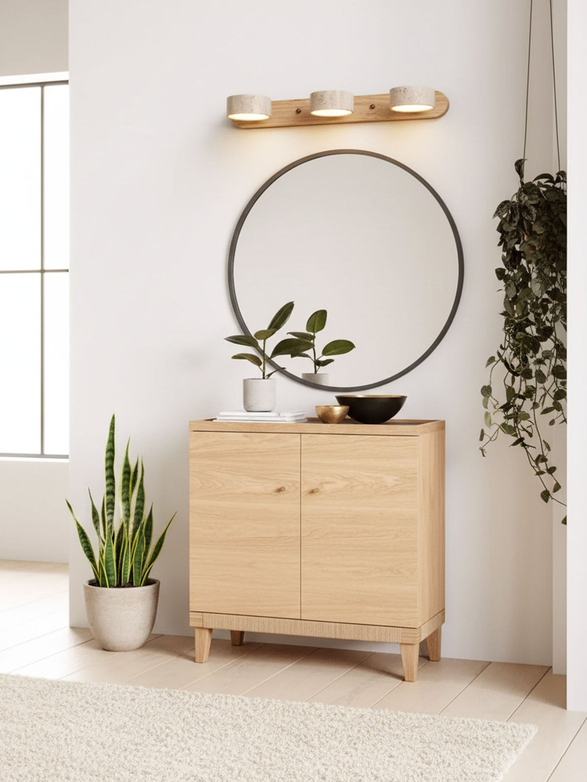 Aplique de pared de piedra natural con LED integrado, lámpara cableada de 2 luces con acento de madera para iluminación ambiental interior en dormitorios, pasillos y salas de estar