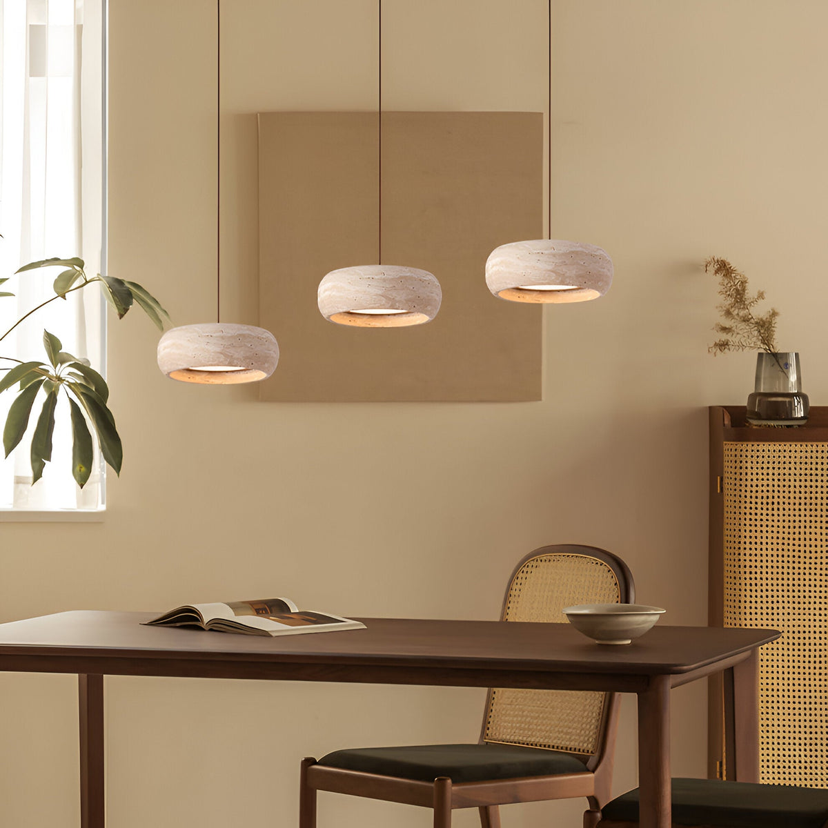 Stone Hanging Lamp 8-Inch Round Natural Travertine Shade Adjustable Drop Cord Ceiling Fixture for Kitchen Island Dining Table Room Modern Or | Thomler