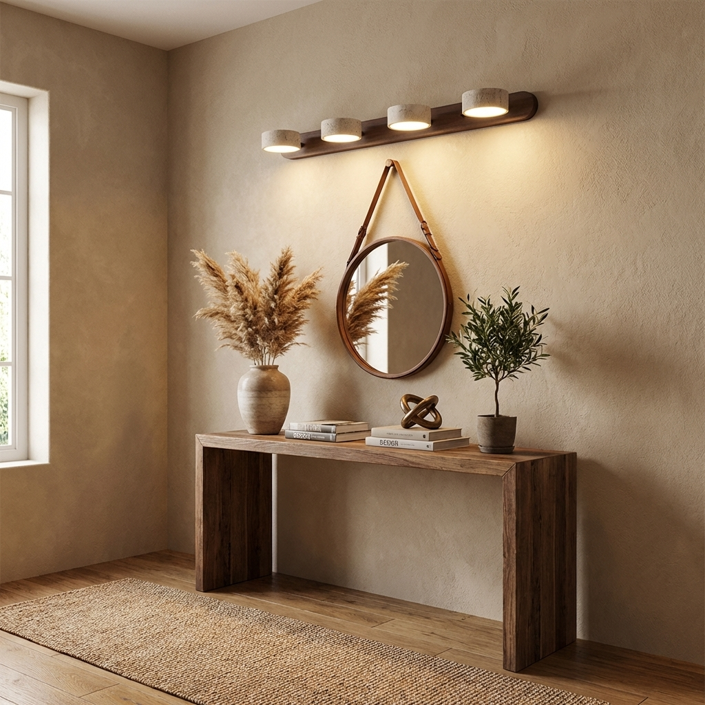 Aplique de pared de piedra natural con LED integrado, lámpara cableada de 2 luces con acento de madera para iluminación ambiental interior en dormitorios, pasillos y salas de estar