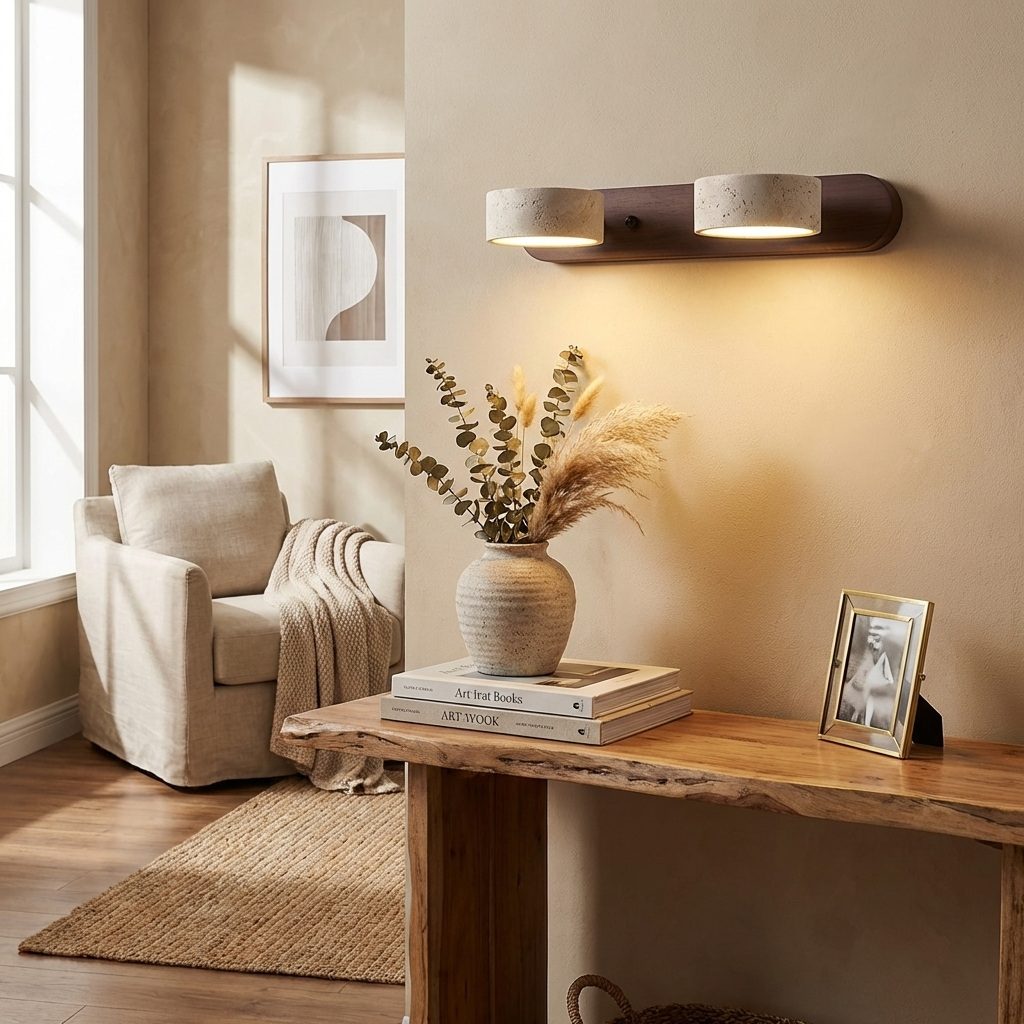 Aplique de pared de piedra natural con LED integrado, lámpara cableada de 2 luces con acento de madera para iluminación ambiental interior en dormitorios, pasillos y salas de estar