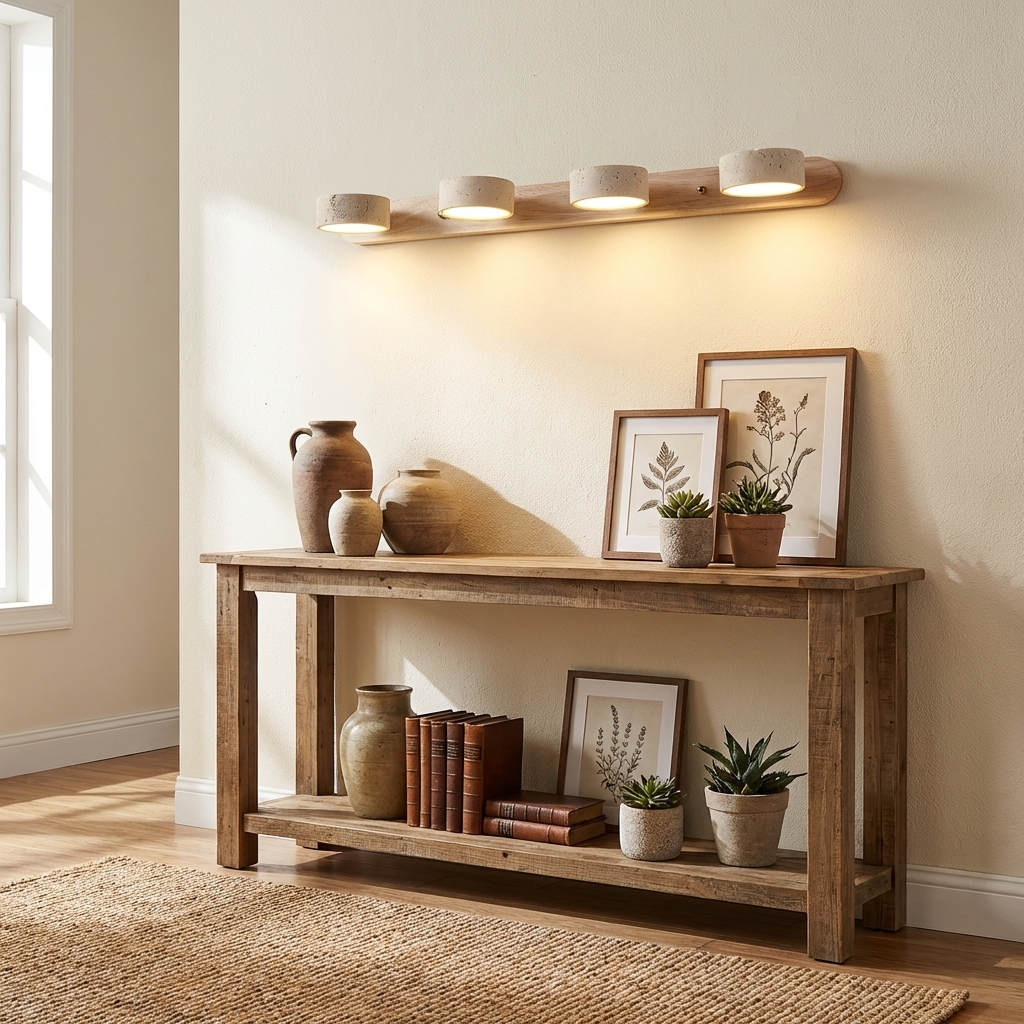 Aplique de pared de piedra natural con LED integrado, lámpara cableada de 2 luces con acento de madera para iluminación ambiental interior en dormitorios, pasillos y salas de estar