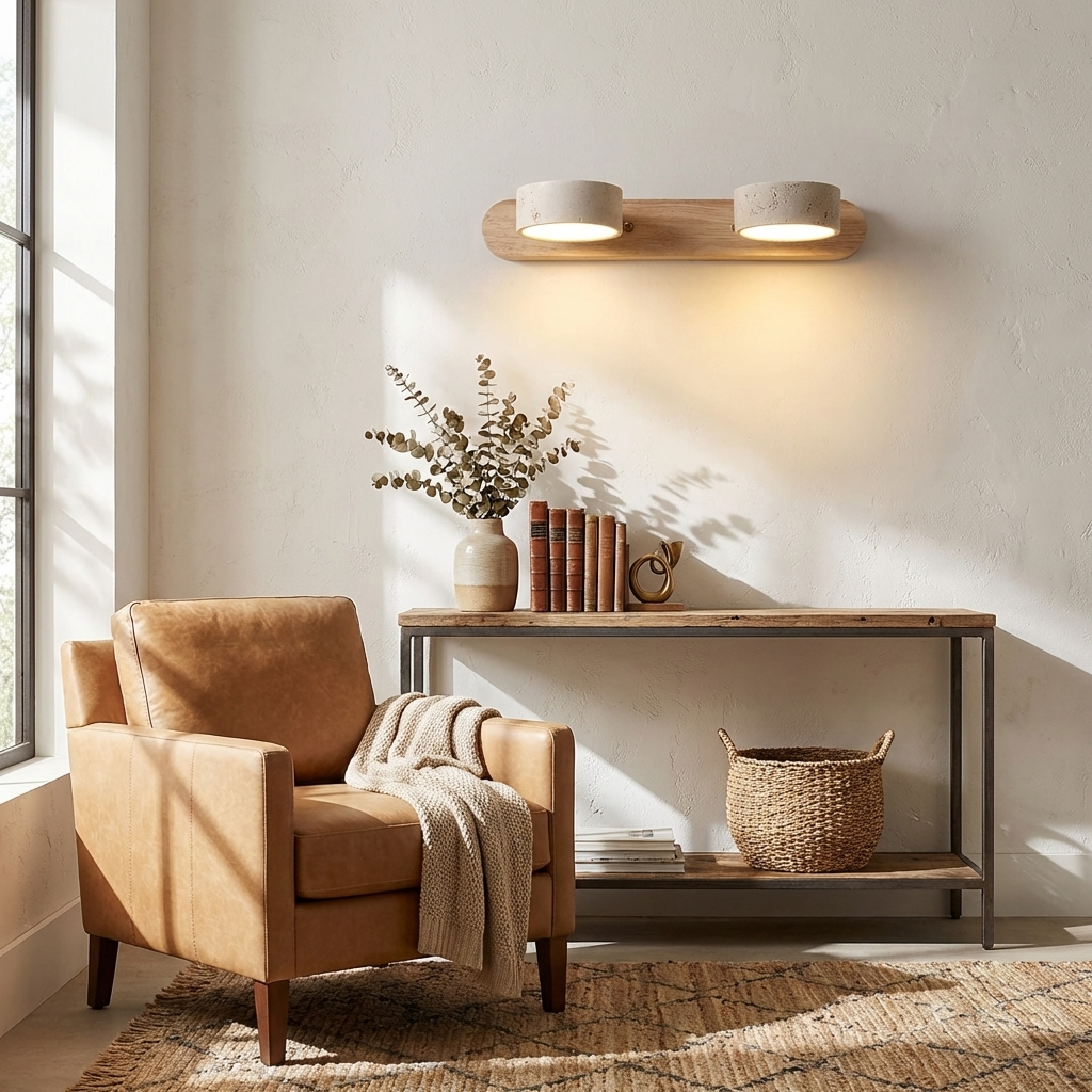 Aplique de pared de piedra natural con LED integrado, lámpara cableada de 2 luces con acento de madera para iluminación ambiental interior en dormitorios, pasillos y salas de estar