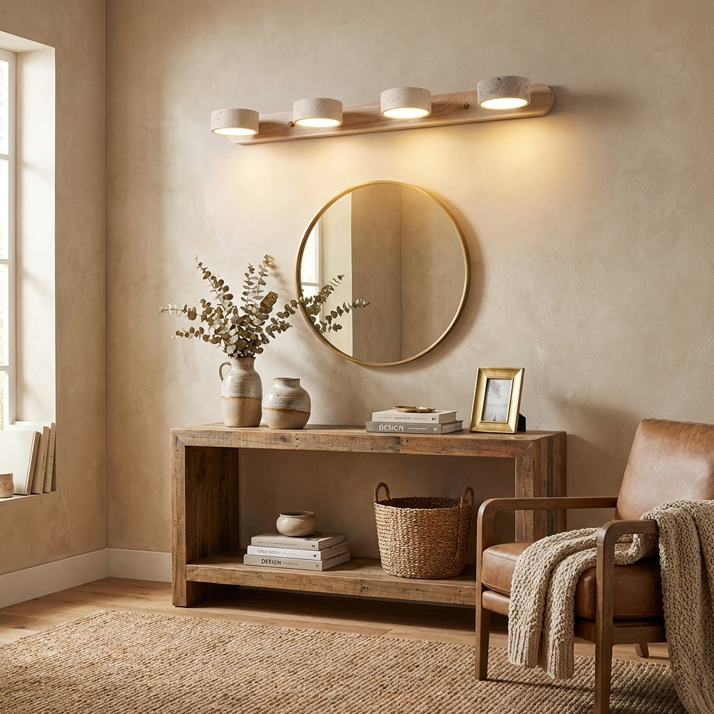 Aplique de pared de piedra natural con LED integrado, lámpara cableada de 2 luces con acento de madera para iluminación ambiental interior en dormitorios, pasillos y salas de estar