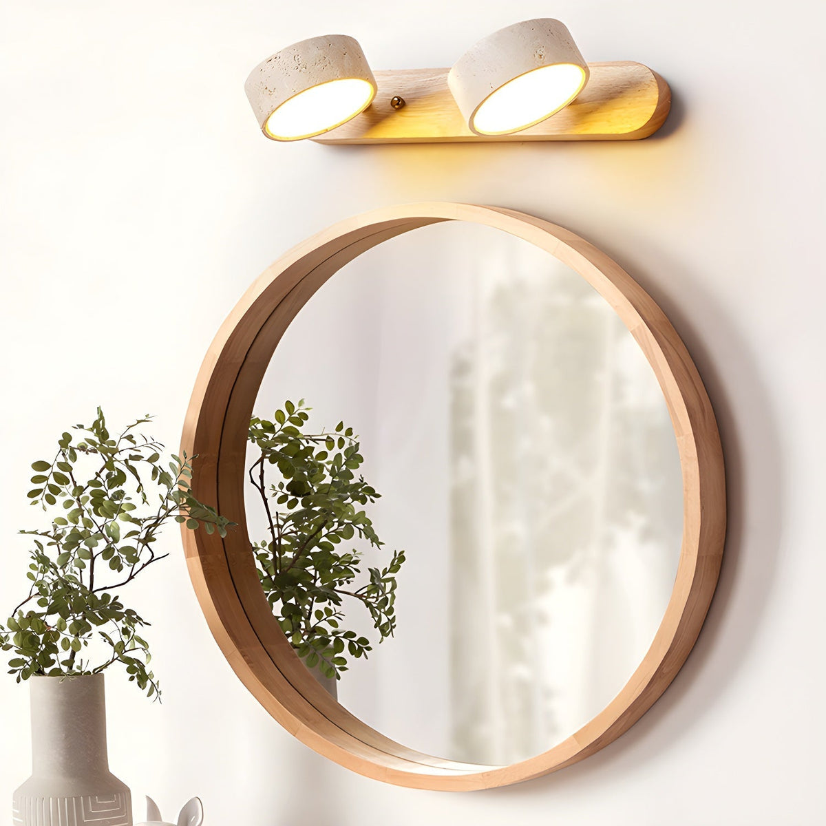 Aplique de pared de piedra natural con LED integrado, lámpara cableada de 2 luces con acento de madera para iluminación ambiental interior en dormitorios, pasillos y salas de estar