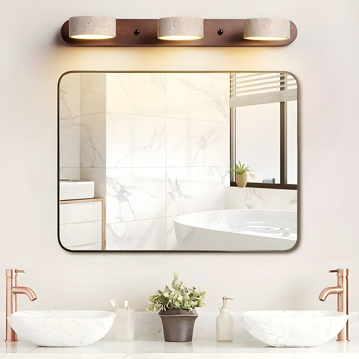 Aplique de pared de piedra natural con LED integrado, lámpara cableada de 2 luces con acento de madera para iluminación ambiental interior en dormitorios, pasillos y salas de estar