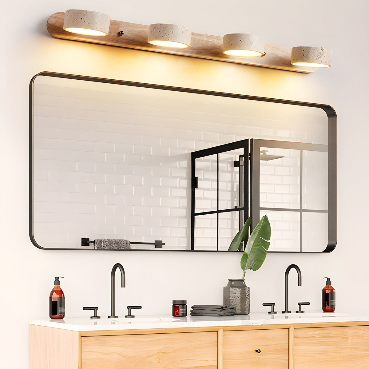 Aplique de pared de piedra natural con LED integrado, lámpara cableada de 2 luces con acento de madera para iluminación ambiental interior en dormitorios, pasillos y salas de estar