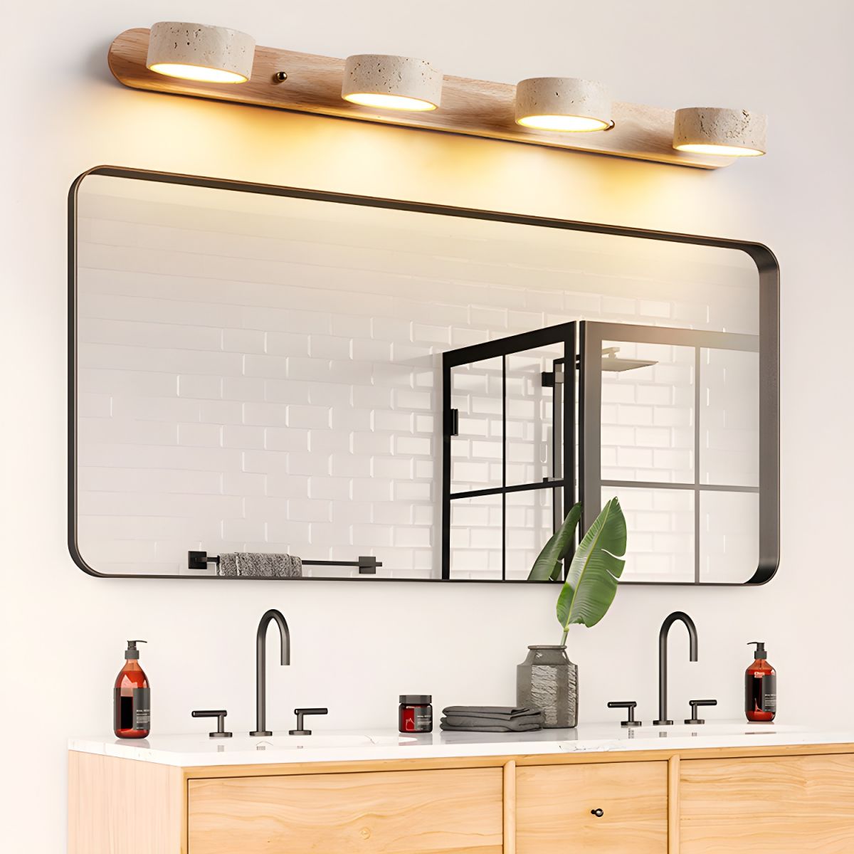Aplique de pared de piedra natural con LED integrado, lámpara cableada de 2 luces con acento de madera para iluminación ambiental interior en dormitorios, pasillos y salas de estar