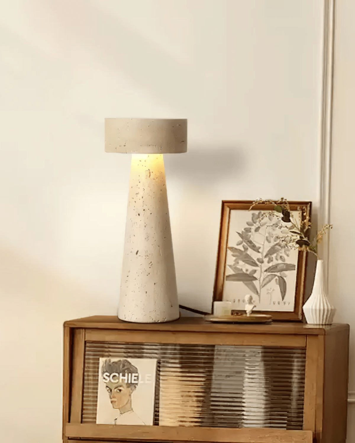 Beige Stone Nightstand Lamp 12 in Tall Minimalist Bedroom Accent Light Natural Travertine Desk Lamp for Living Room Home Office Reading Nook | Thomler