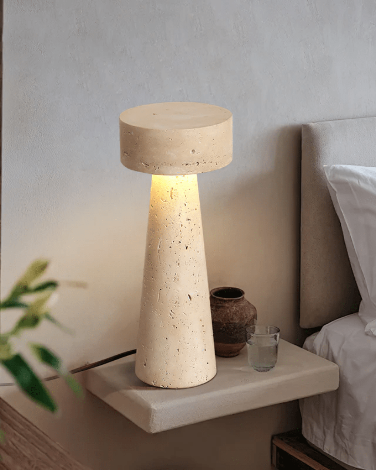Beige Stone Nightstand Lamp 12 in Tall Minimalist Bedroom Accent Light Natural Travertine Desk Lamp for Living Room Home Office Reading Nook | Thomler