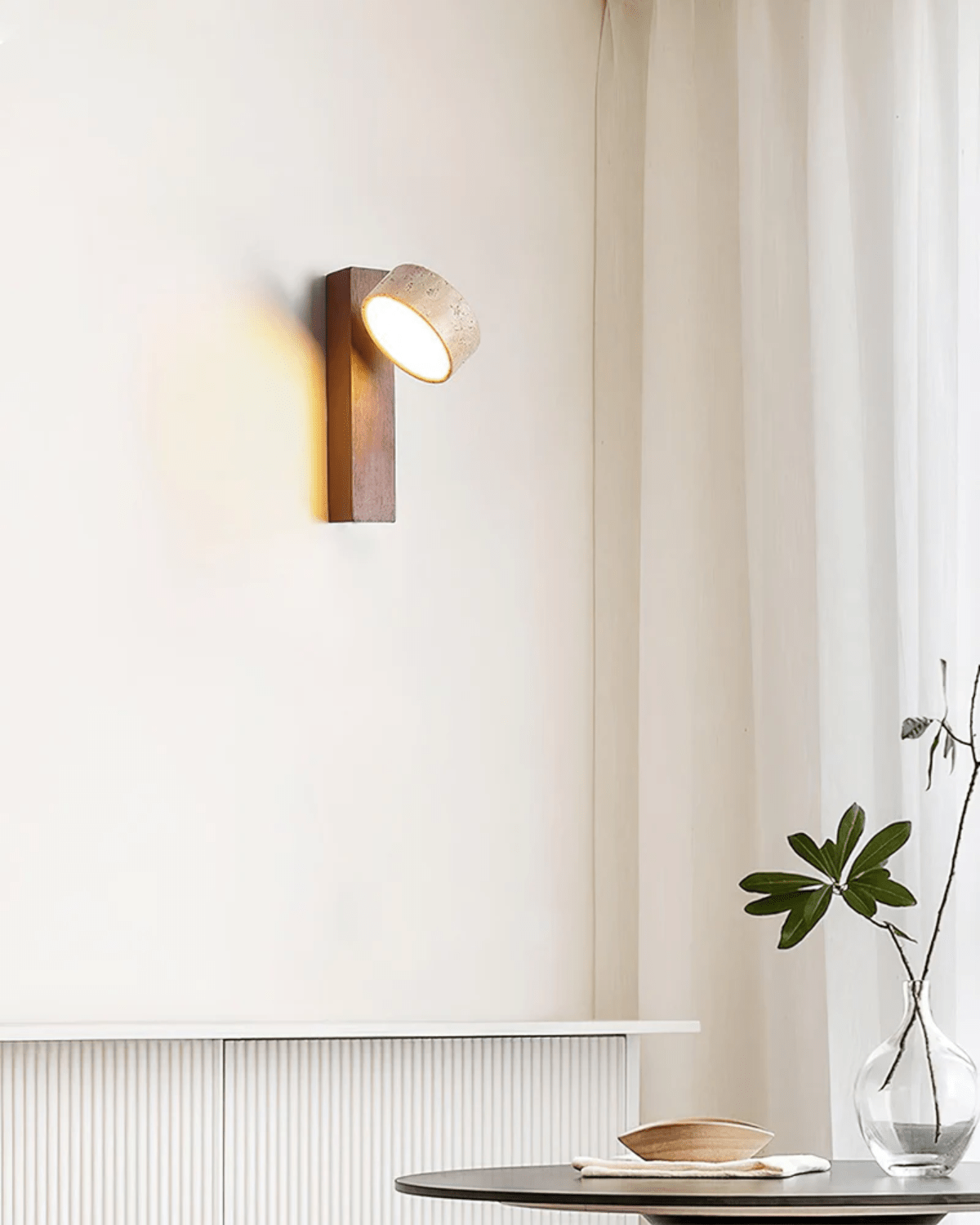 Adjustable Walnut & Stone Sconce with Focused Downlight for Bedside Reading and Hallways 9.3 in Tall Japandi Natural Material Fixture | Thomler