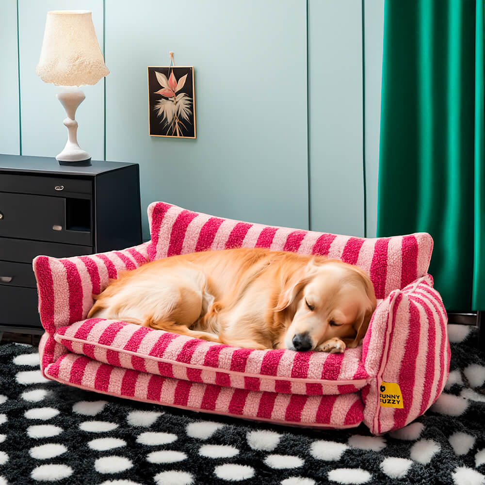 Plush Pet Couch with Washable Cover - Dual-Layer Cushioned Lounger for Dogs & Cats - Striped Fleece Nap Spot
