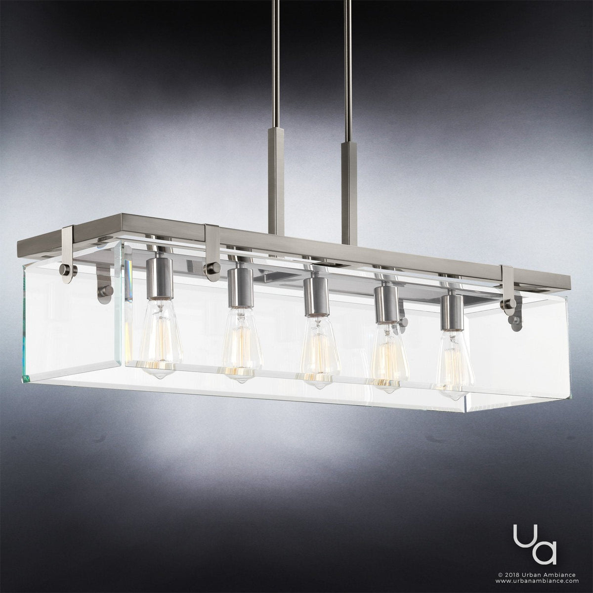 Linear Overhead Island Fixture Steel Frame Beveled Glass 37-Inch 5-Light Adjustable Chain Brushed Nickel for Kitchen & Dining | Thomler