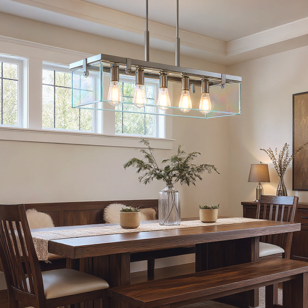 Linear Overhead Island Fixture Steel Frame Beveled Glass 37-Inch 5-Light Adjustable Chain Brushed Nickel for Kitchen & Dining | Thomler