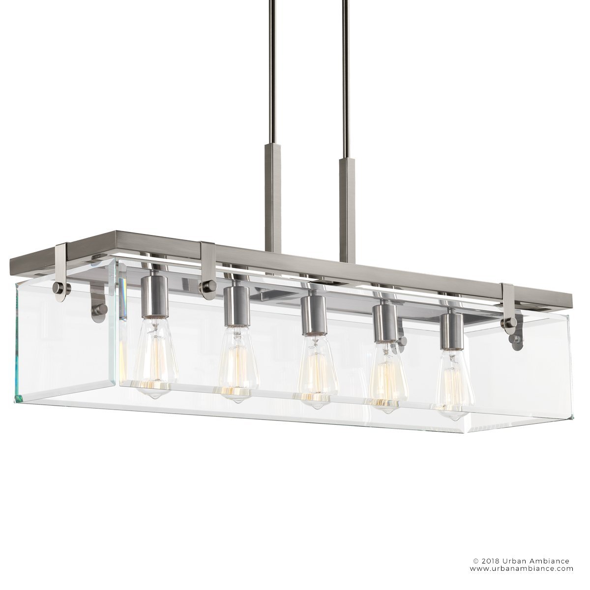 Linear Overhead Island Fixture Steel Frame Beveled Glass 37-Inch 5-Light Adjustable Chain Brushed Nickel for Kitchen & Dining | Thomler
