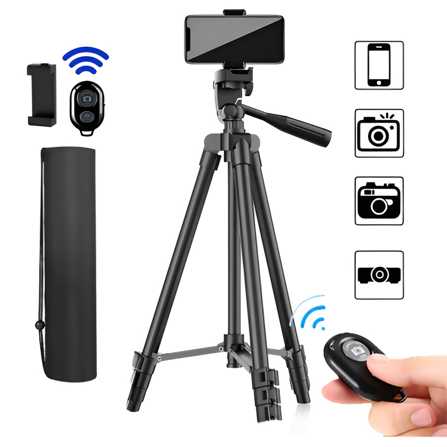 Uitschuifbaar camerastatief met draadloze afstandsbediening en verstelbare telefoonhouder, 51-140 cm