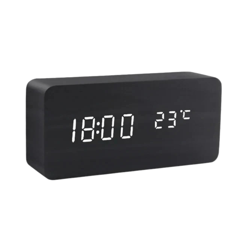 Despertador digital activado por sonido con pantalla LED y acabado en madera para dormitorio, oficina o mesita de noche, alimentación por pilas o USB, brillo ajustable | Thomler