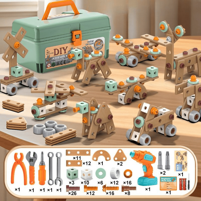Kinder-Konstruktionsspielzeug-Werkstatt mit realistischen Elektrowerkzeugen, 198-teiliges STEM-Bauset, ABS-Kunststoff, Spielzeug-Bohrmaschine und Schraubendreher für Jungen | Thomler