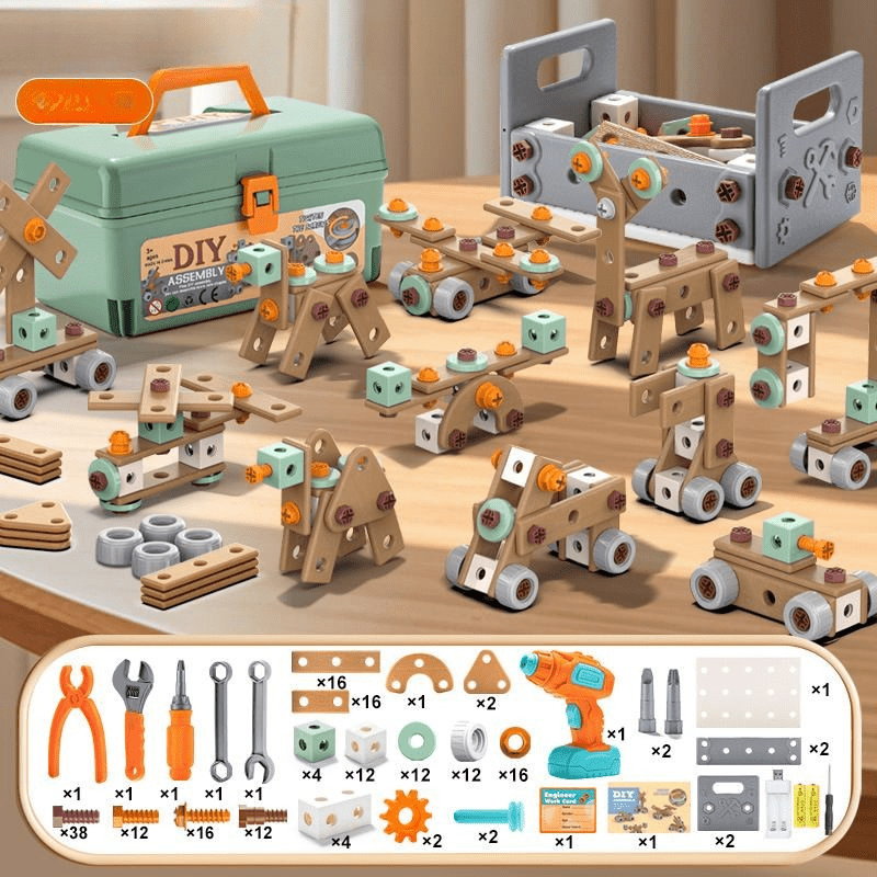 Kinder-Konstruktionsspielzeug-Werkstatt mit realistischen Elektrowerkzeugen, 198-teiliges STEM-Bauset, ABS-Kunststoff, Spielzeug-Bohrmaschine und Schraubendreher für Jungen | Thomler