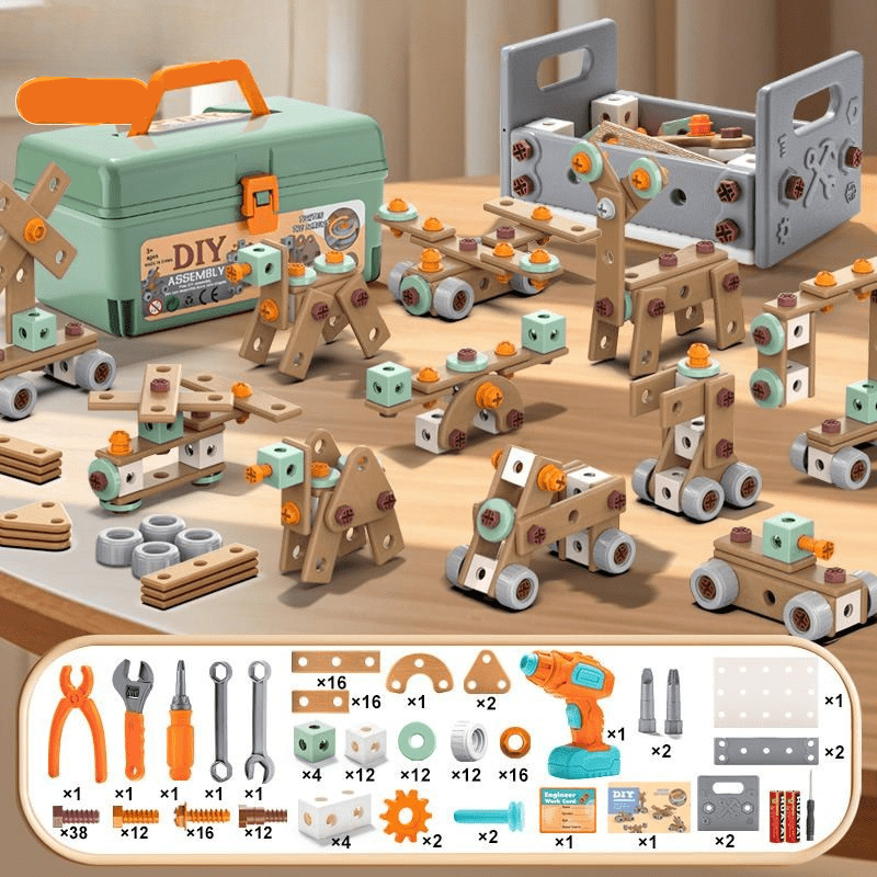 Kinder-Konstruktionsspielzeug-Werkstatt mit realistischen Elektrowerkzeugen, 198-teiliges STEM-Bauset, ABS-Kunststoff, Spielzeug-Bohrmaschine und Schraubendreher für Jungen | Thomler