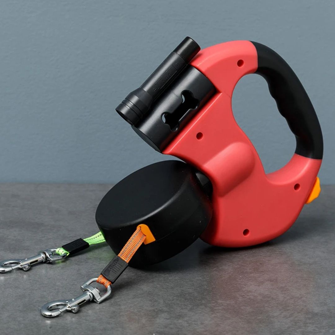 Dual Retractable Dog Leash with LED Flashlight & Waste Bag Holder for Two Dogs Up to 26 lb Each