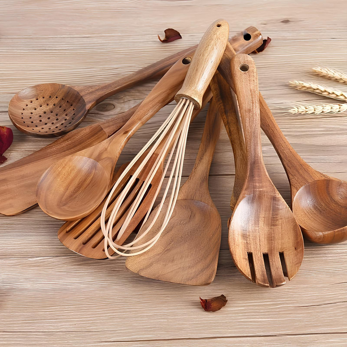11-Piece Wooden Cooking Utensil Set with Holder Natural Teak Wood Spoons Spatulas for Nonstick Pans Kitchen Tools Organizer | Thomler