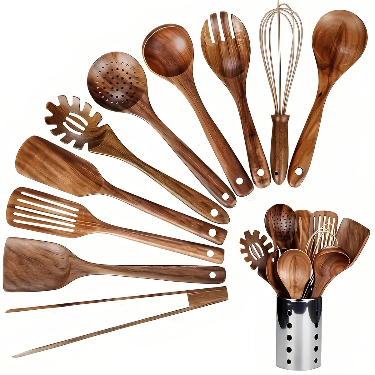 11-Piece Wooden Cooking Utensil Set with Holder Natural Teak Wood Spoons Spatulas for Nonstick Pans Kitchen Tools Organizer | Thomler