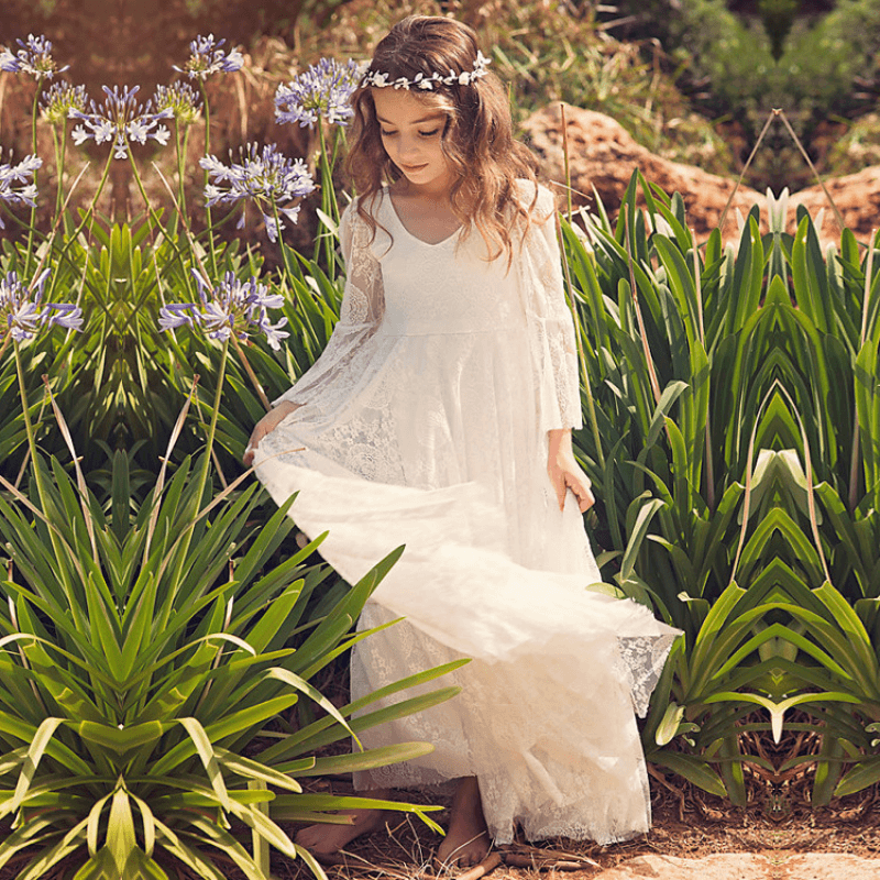 Girls White Lace Communion Dress with Bohemian Details for First Communion Ceremonies and Special Occasions | Thomler
