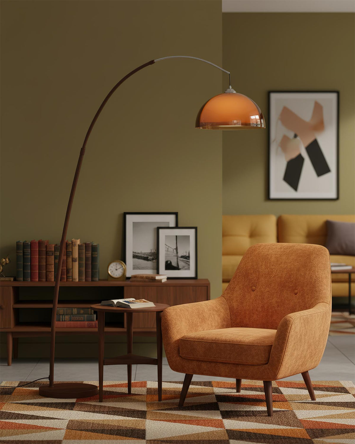Arc Floor Lamp 65 Inch Adjustable Height Metal Amber Dome Shade Reading Light Over Couch Corner Seating Mid-Century Modern E26 Base Foot Swi | Thomler