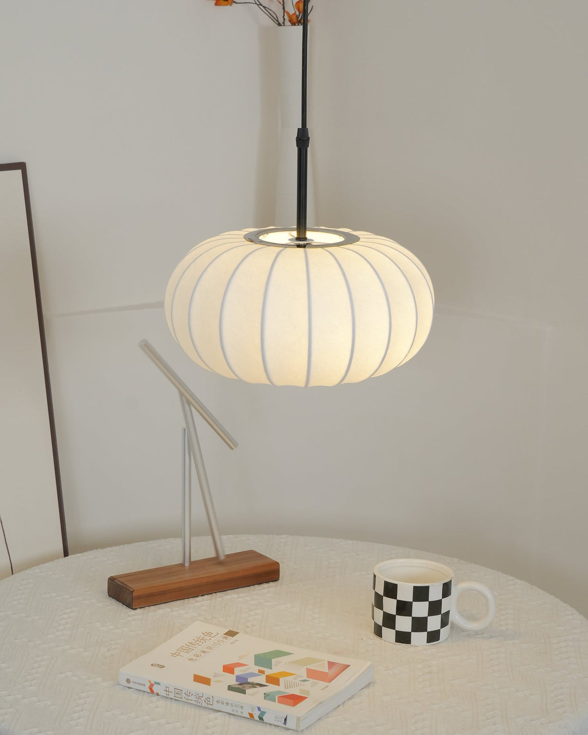Fabric Drum Shade Hanging Lamp 20-Inch Diameter Height-Adjustable Drop Light for Dining Table Kitchen Counter Island White Black Finish Mode | Thomler