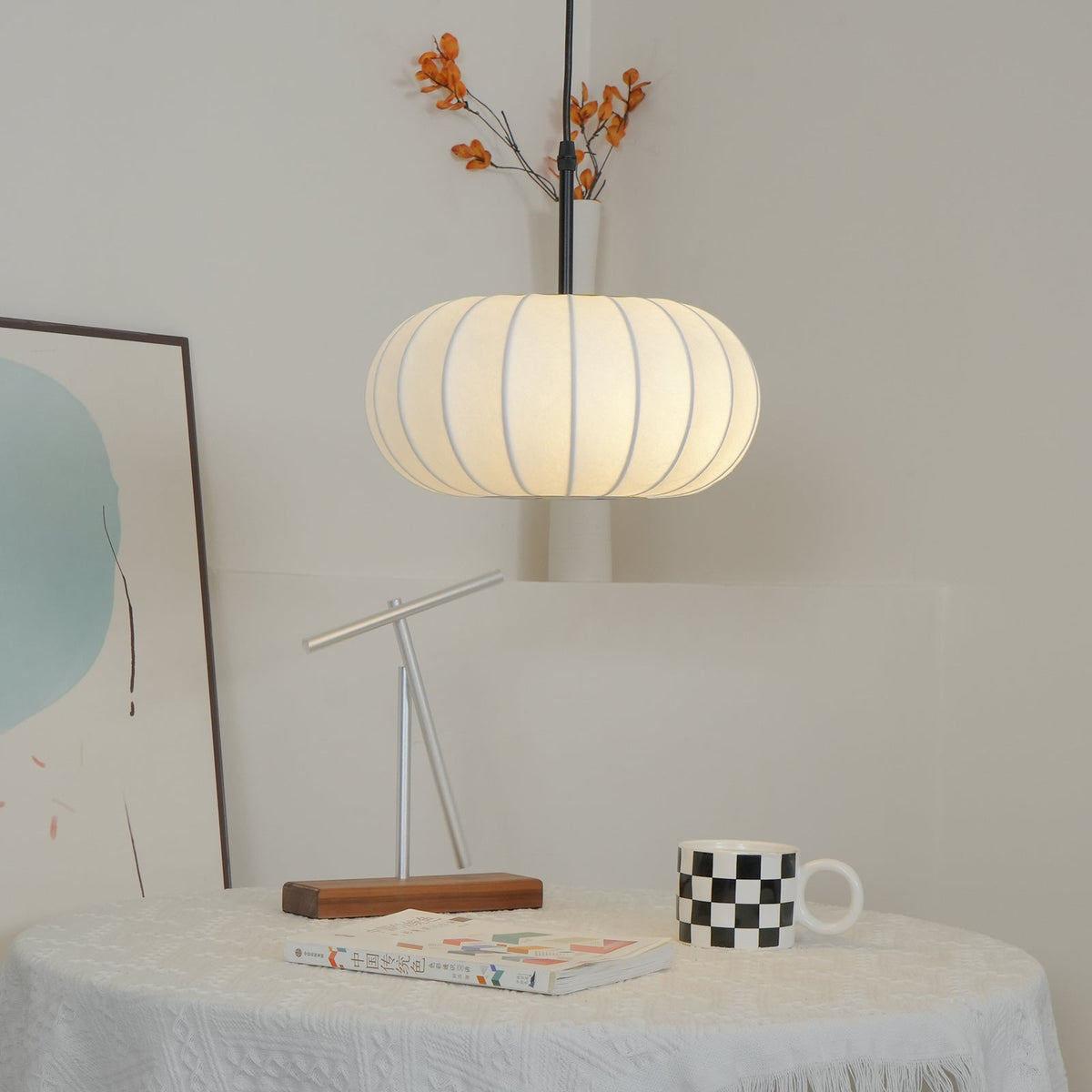 Fabric Drum Shade Hanging Lamp 20-Inch Diameter Height-Adjustable Drop Light for Dining Table Kitchen Counter Island White Black Finish Mode | Thomler